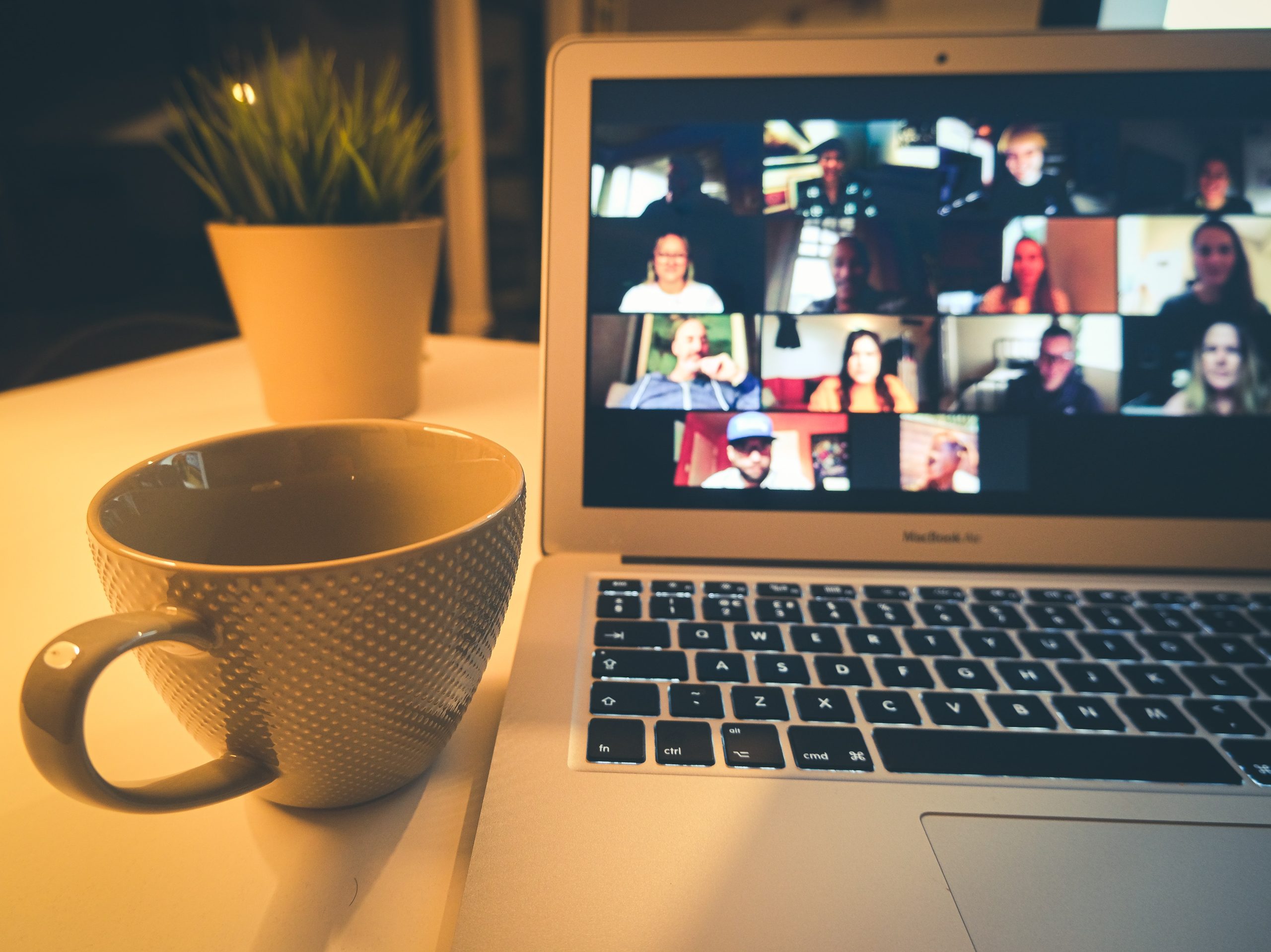 A laptop hosting a Zoom meeting, with an empty cup to the left and a plant pot on a white table