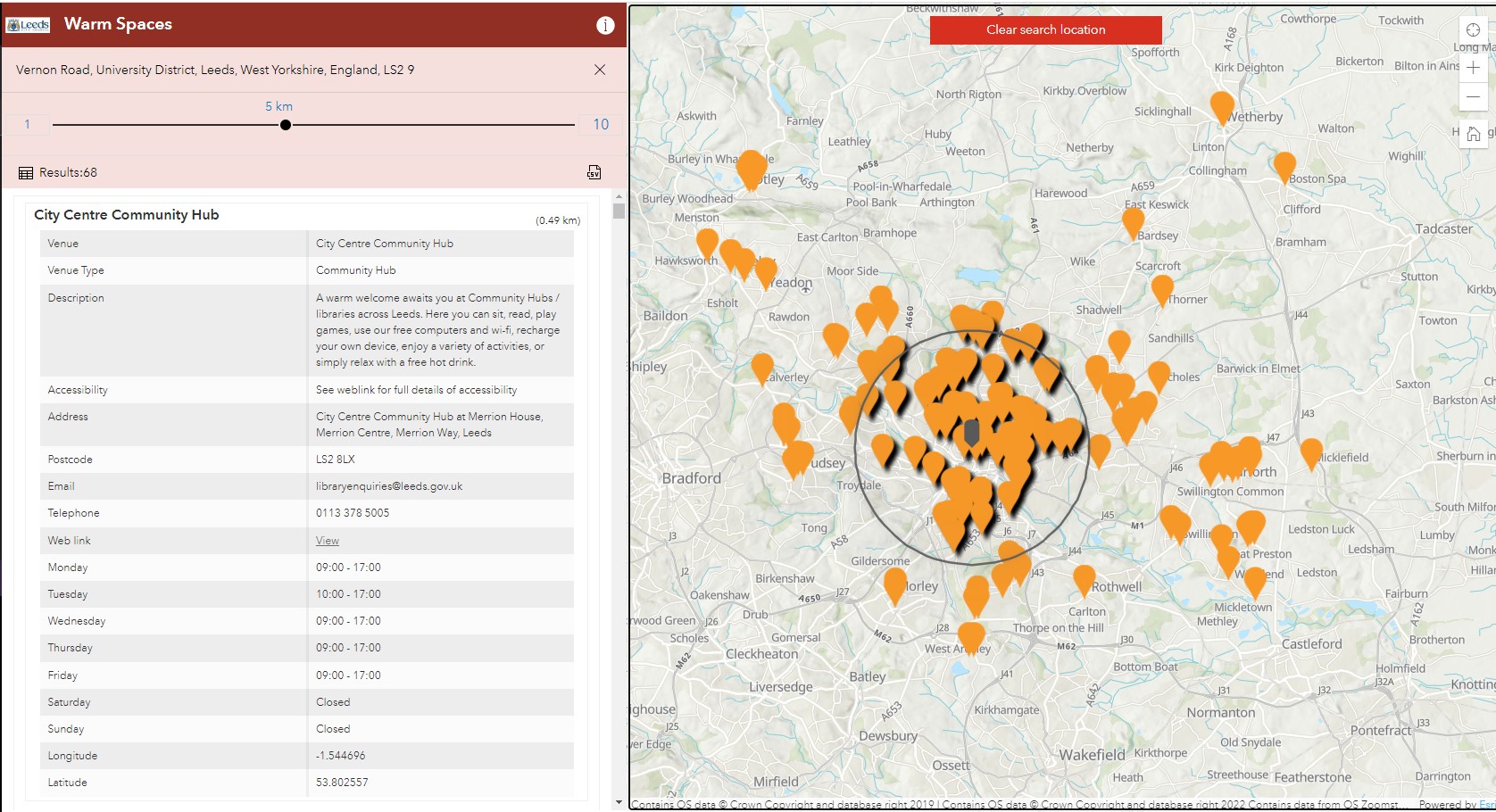 A screenshot of an interactive Warm Spaces map for Leeds