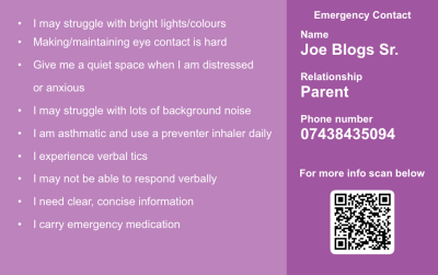 An image of the back of our Autism Alert Card. On the left, there is a list of difficulties that someone can list on the card. On the right, there are details of an emergency contact and a QR code that links to further info about the card.