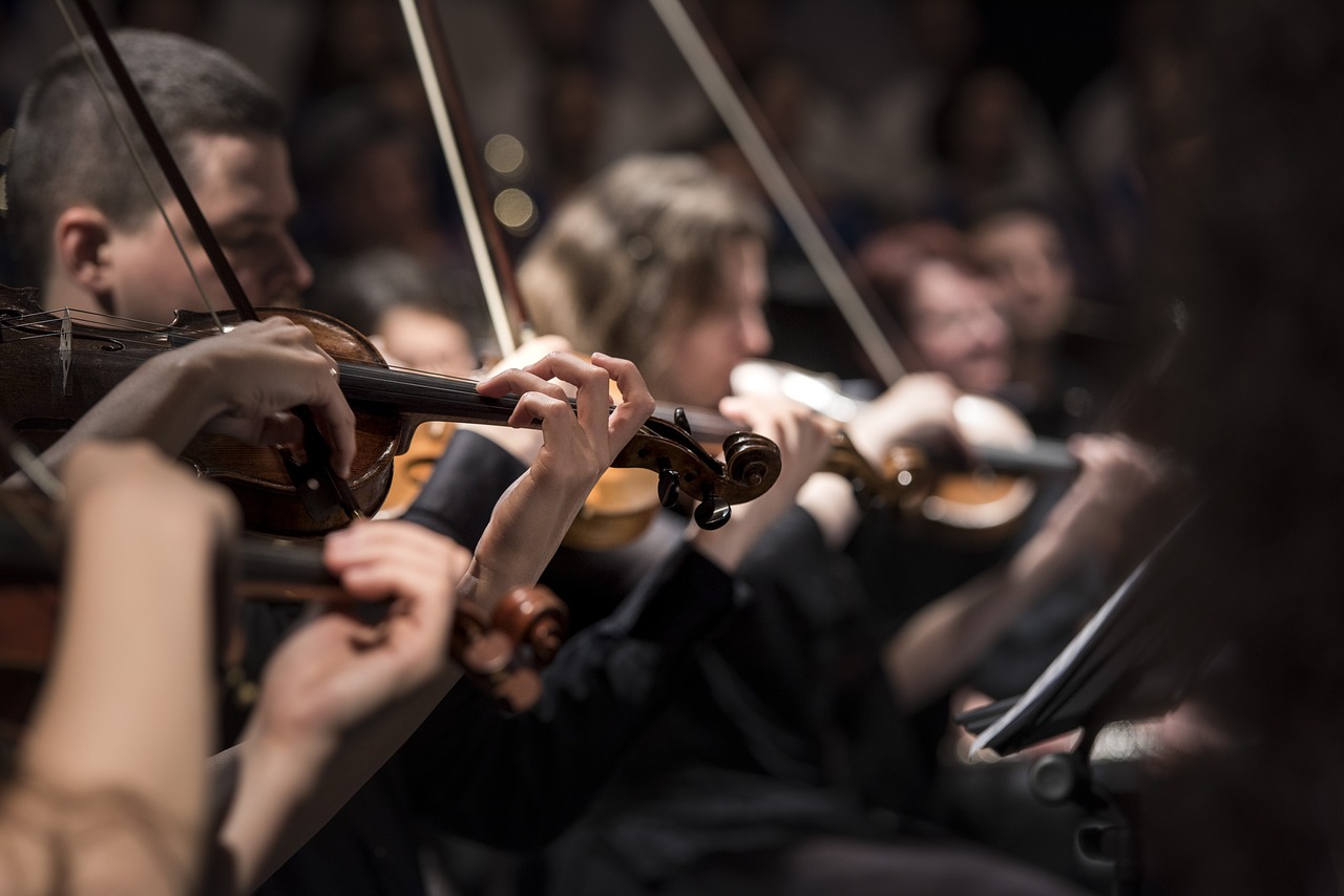 A photo of members of an orchestra, playing violins and other instruments.