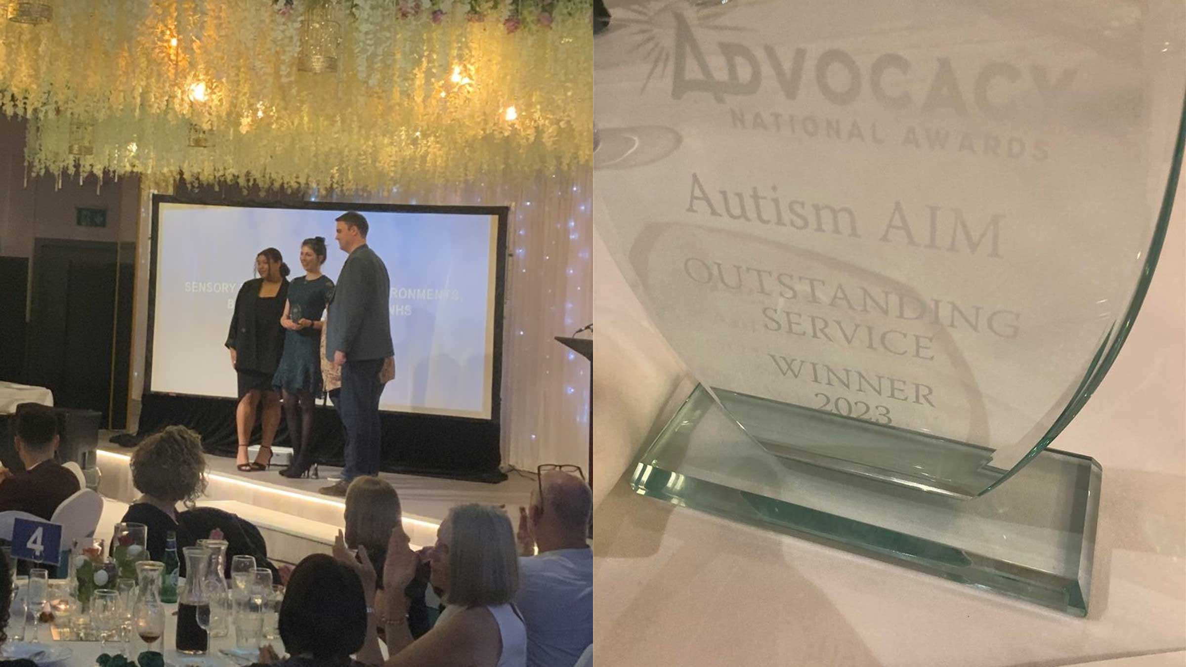 An image with photos of Owen, our Senior Manager, accepting an award with two other people on the left and one of our Outstanding Service trophy on the right.