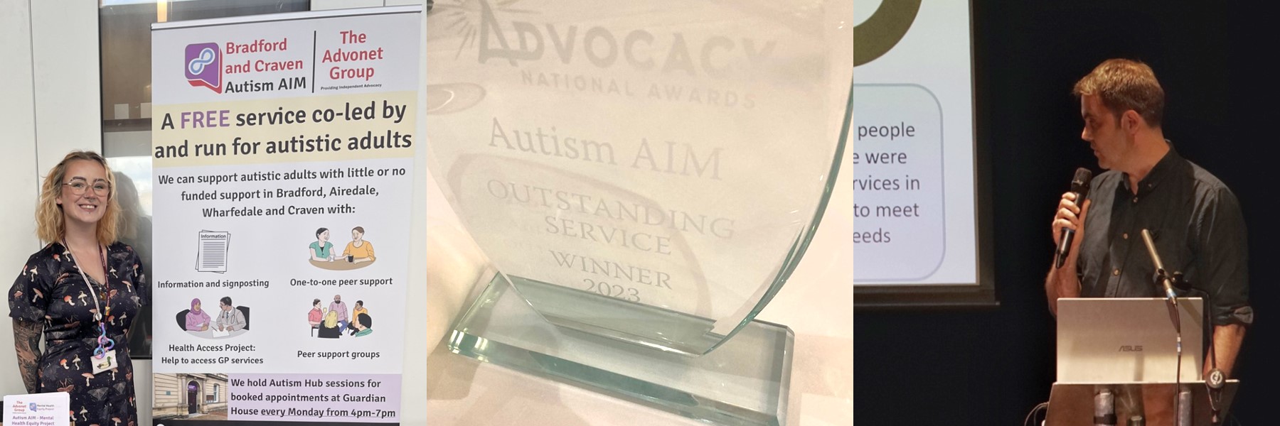 A montage of some of Autism AIM's work, including someone stood at a stall, an award we received and a staff member speaking at an event.