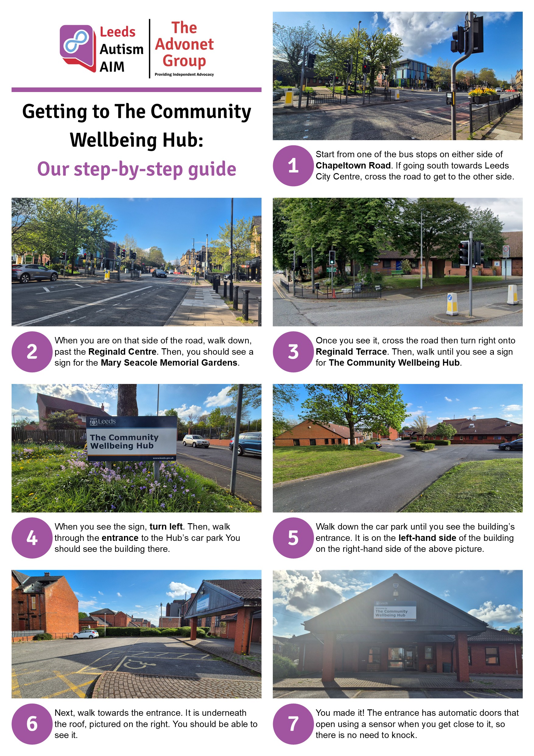 Getting to the new Autism Hub – step-by-step guide v3 – May 2025 A visual step-by-step guide to walking from nearby bus stops to The Community Wellbeing Hub