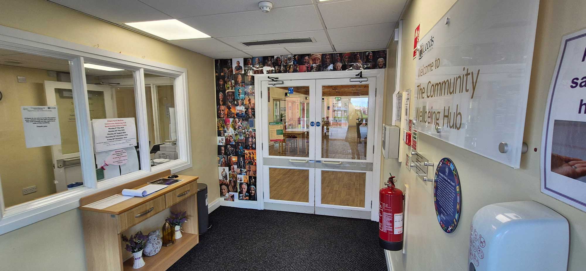 A photo of the entrance to the Hub reception area.